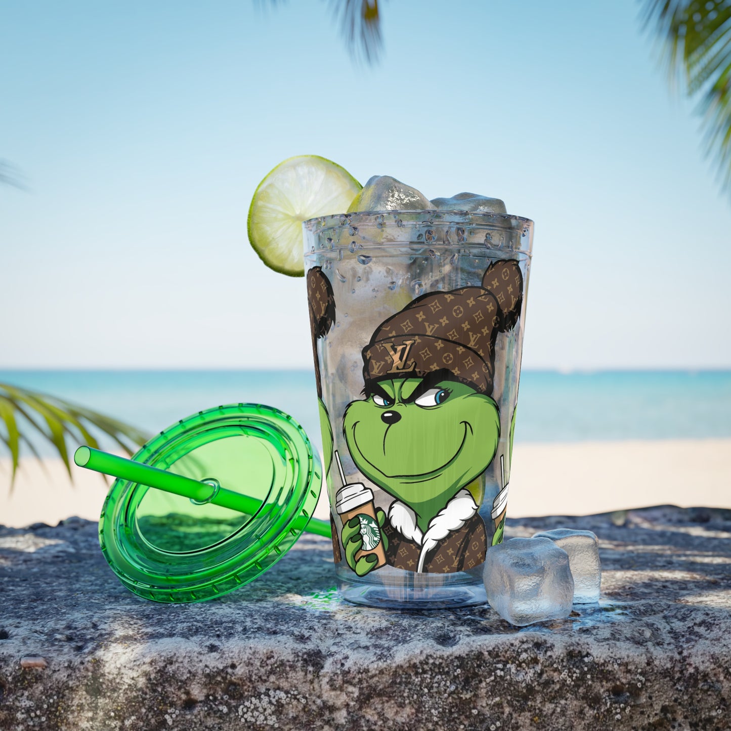 16oz Tumbler — Grinch in Designer Beanie Clear Straw Cup