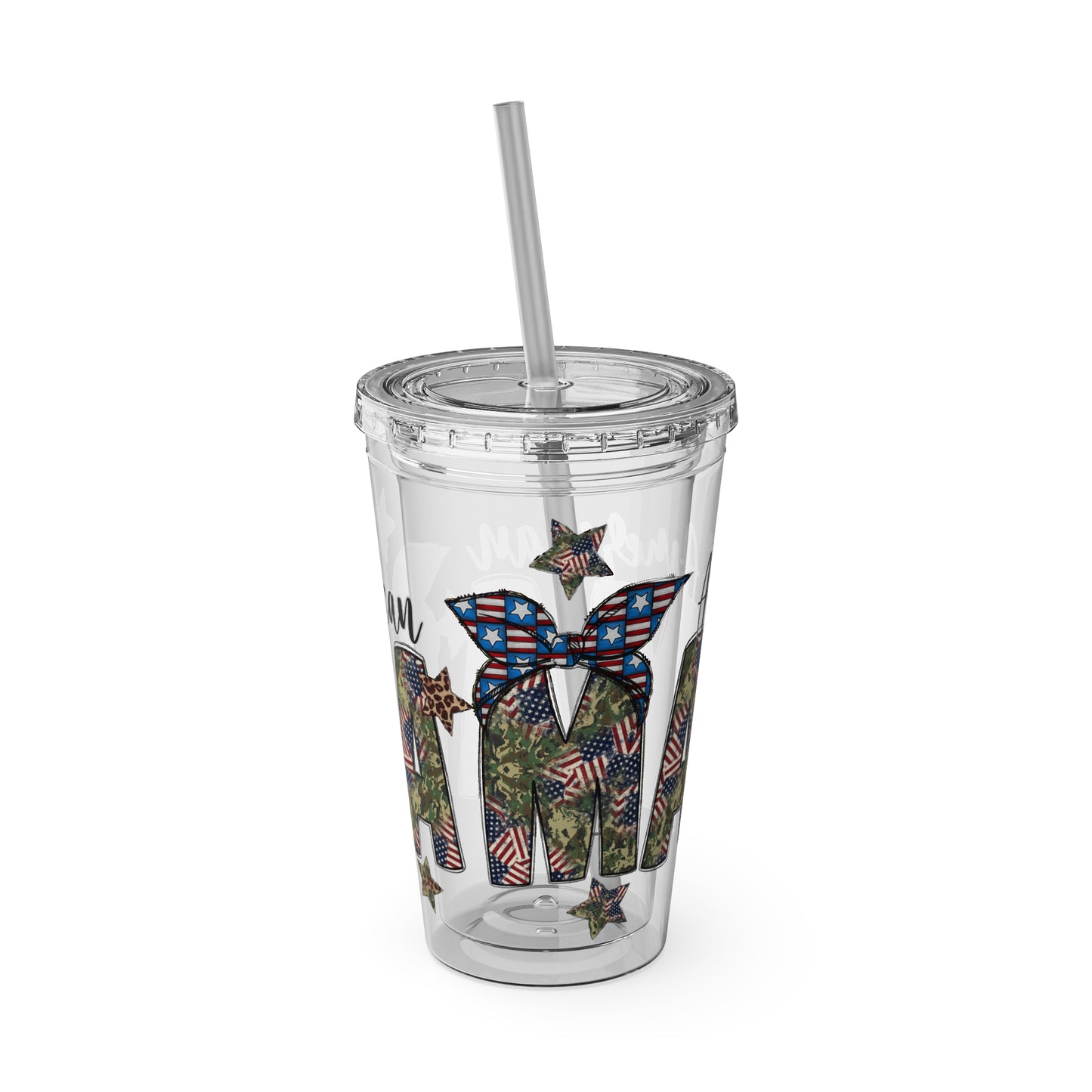 Patriotic Mama 16oz Tumbler with Straw — All American Floral Flag Design