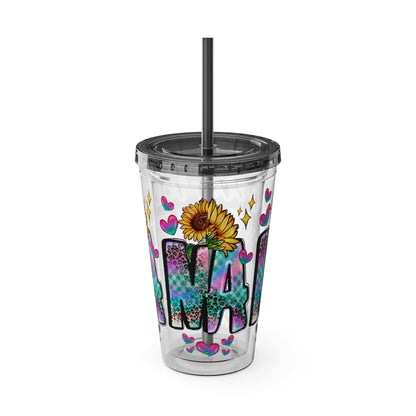 16oz Sunsplash Tumbler with Straw — Floral 'Because I Am' Colorful Sunflower Design