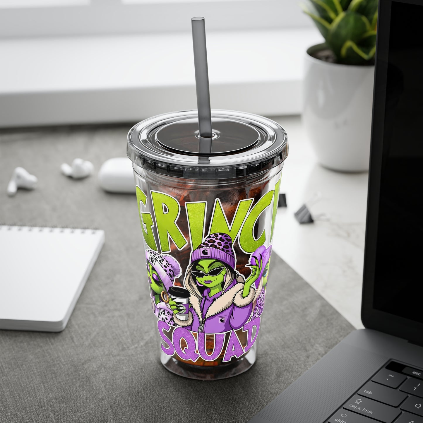 Grinch Squad 16oz Tumbler with Straw — Holiday Party Drink Cup