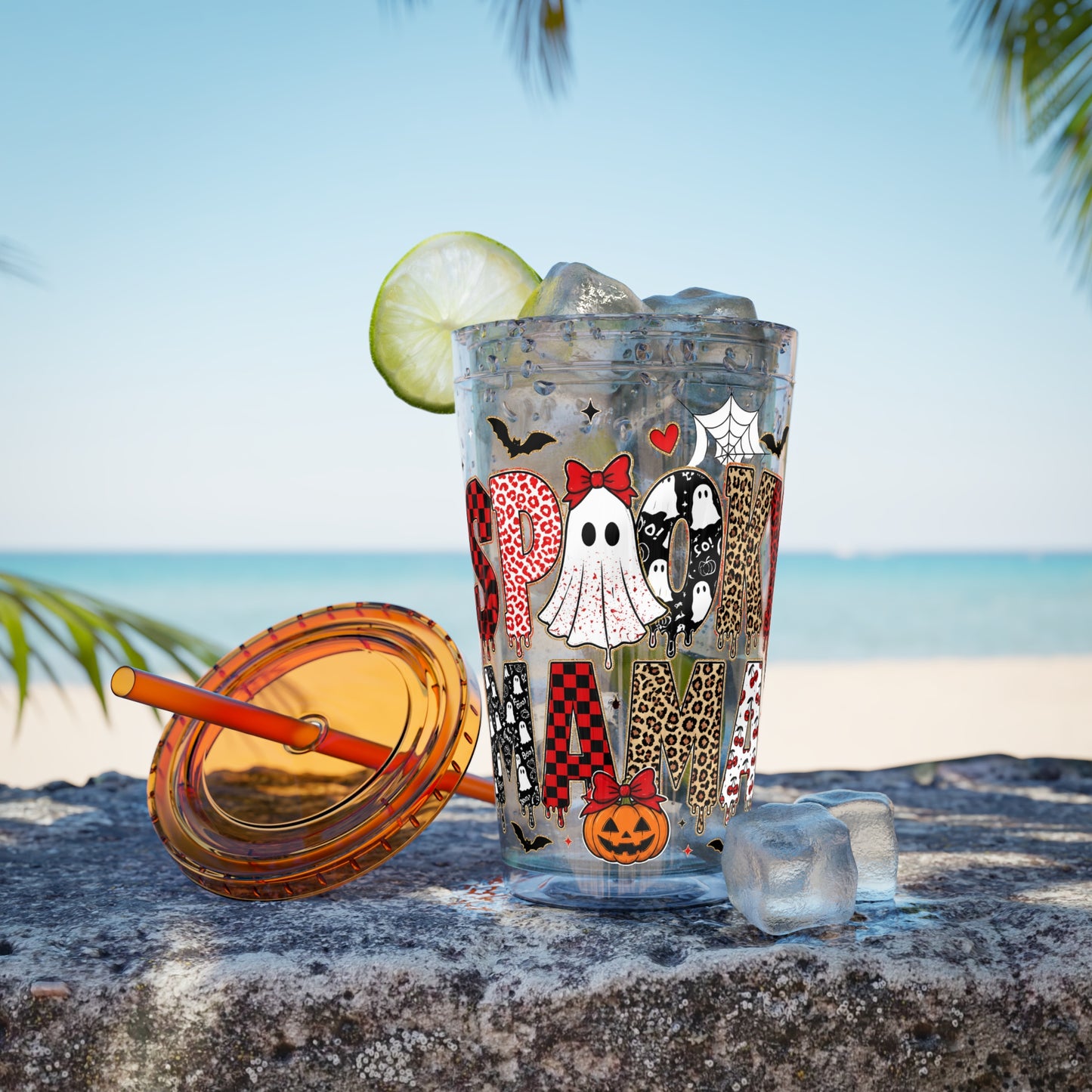 Halloween Mama 16oz Straw Tumbler – Cute Ghost & Pumpkin Party Drink Cup