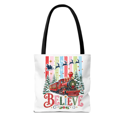 Believe Christmas Tote Bag — Vintage Holiday Train Gift Tote