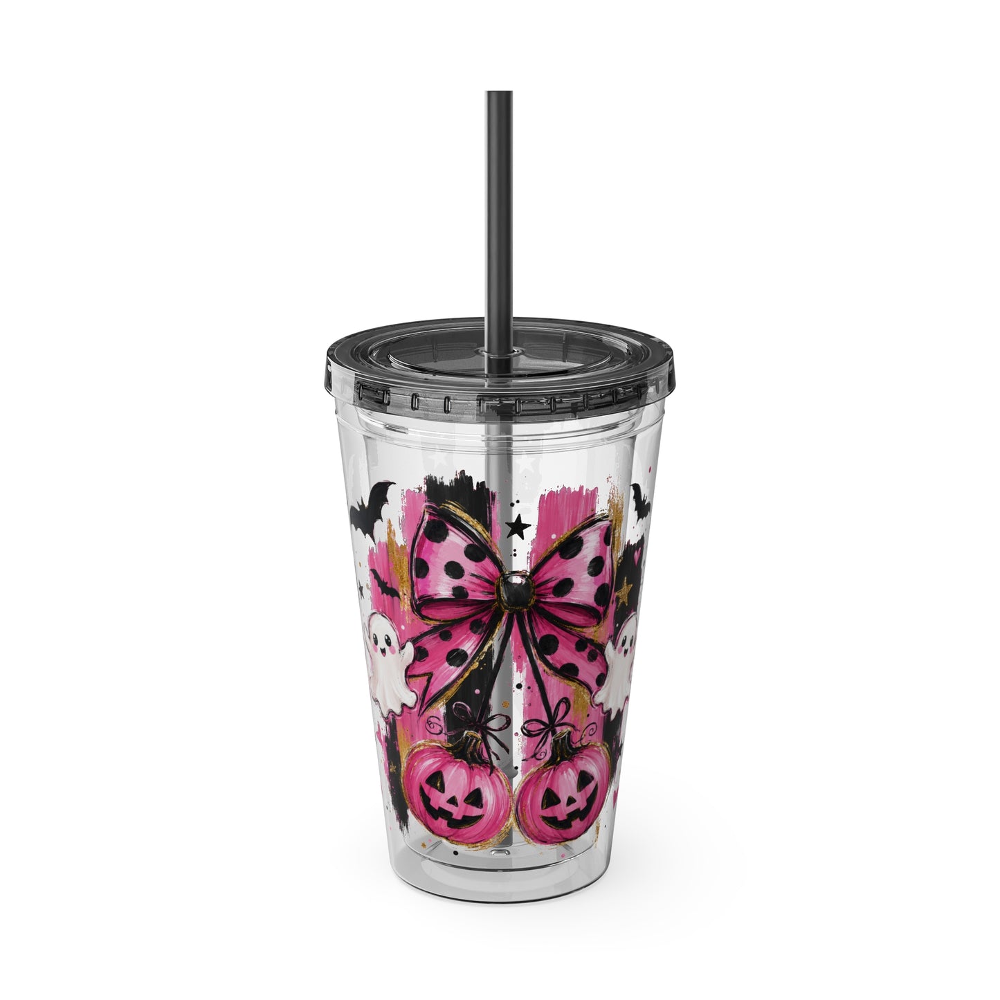 Halloween Pink Ghost Tumbler with Straw — 16oz Cute Pumpkin & Bow Drink Cup