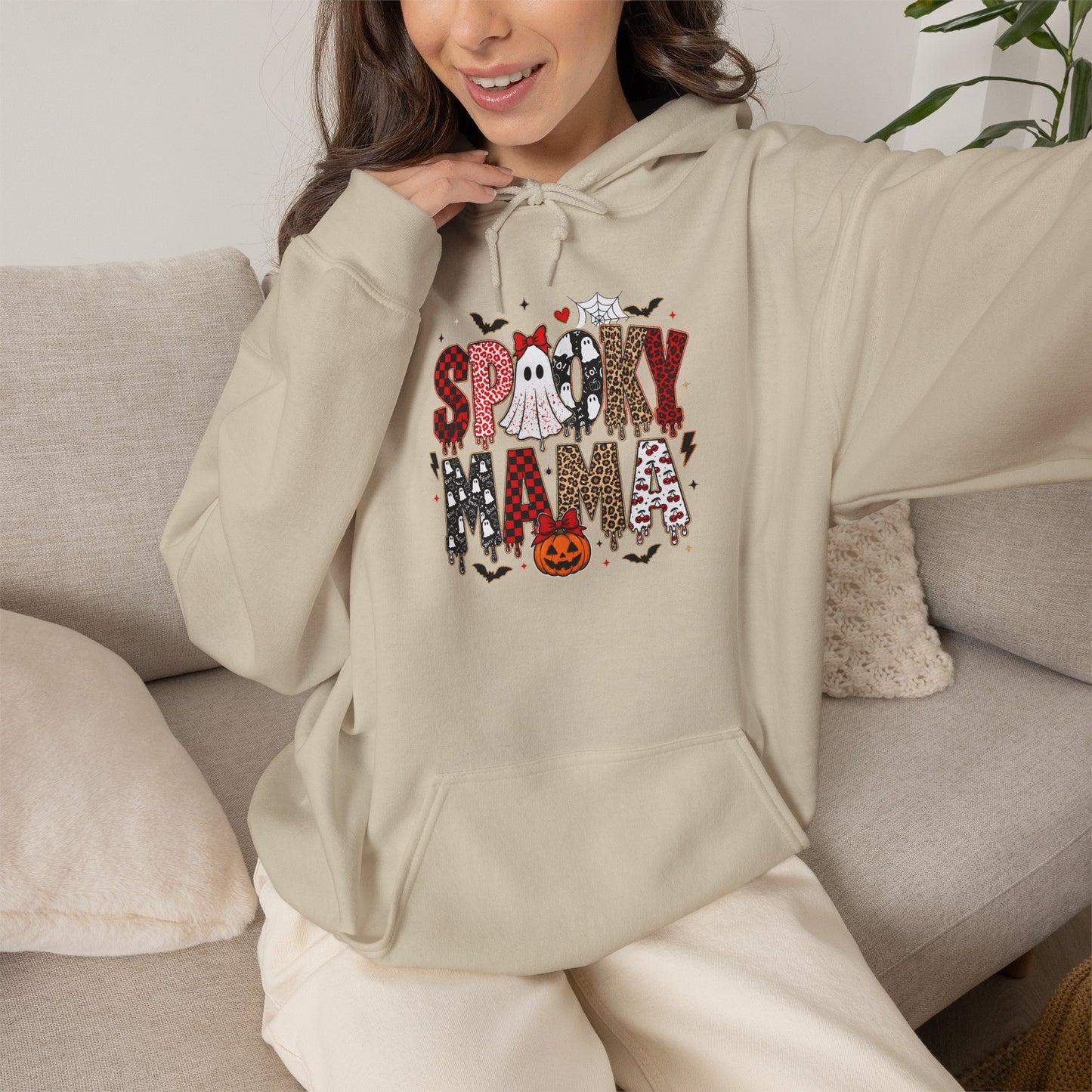 Spooky Mama Hoodie - Cute Halloween Mom Sweatshirt with Pumpkin & Ghosts