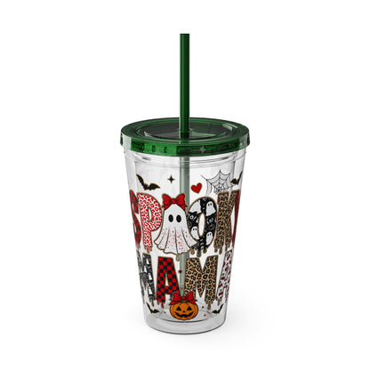 Halloween Mama 16oz Straw Tumbler – Cute Ghost & Pumpkin Party Drink Cup