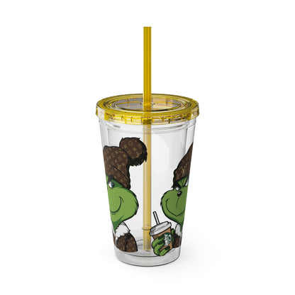16oz Tumbler — Grinch in Designer Beanie Clear Straw Cup
