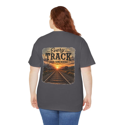 "Every Track Leads Somewhere" Sunset Railroad Graphic Tee