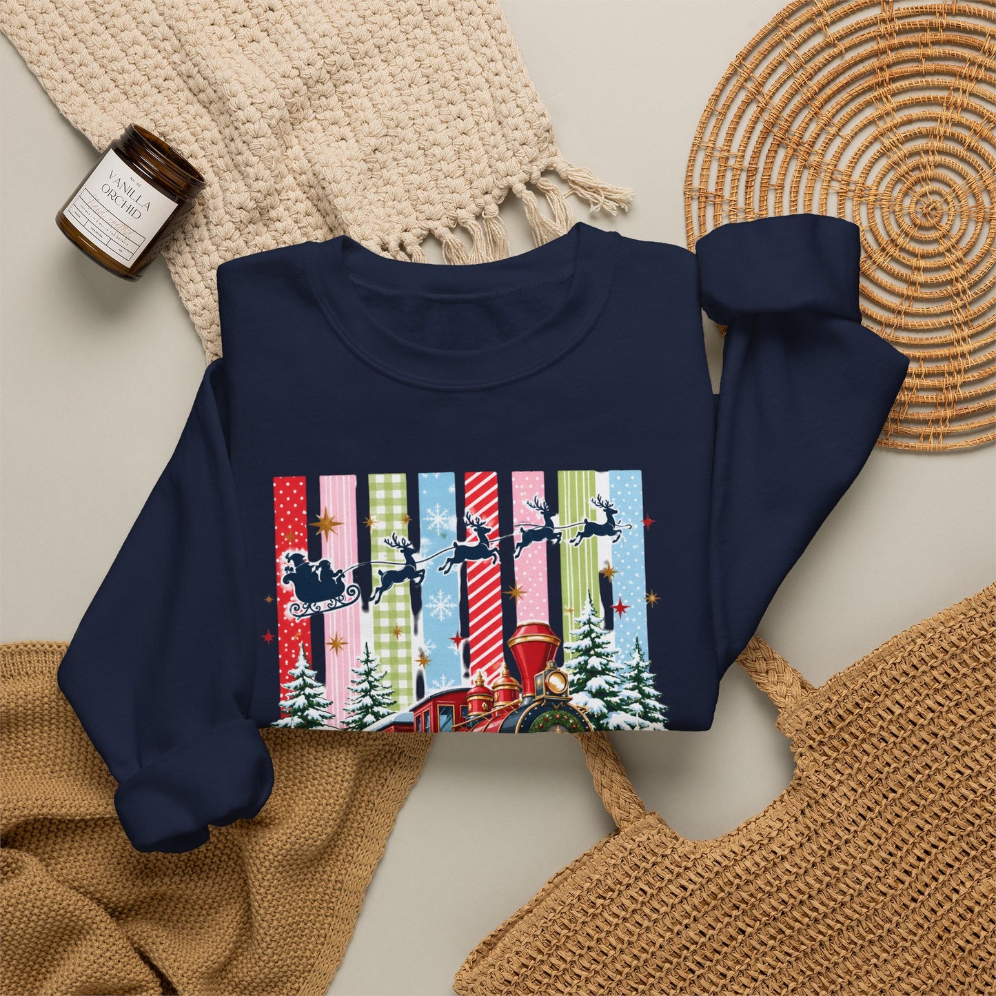 Believe Christmas Crewneck Sweatshirt — Vintage Holiday Train & Santa Silhouette