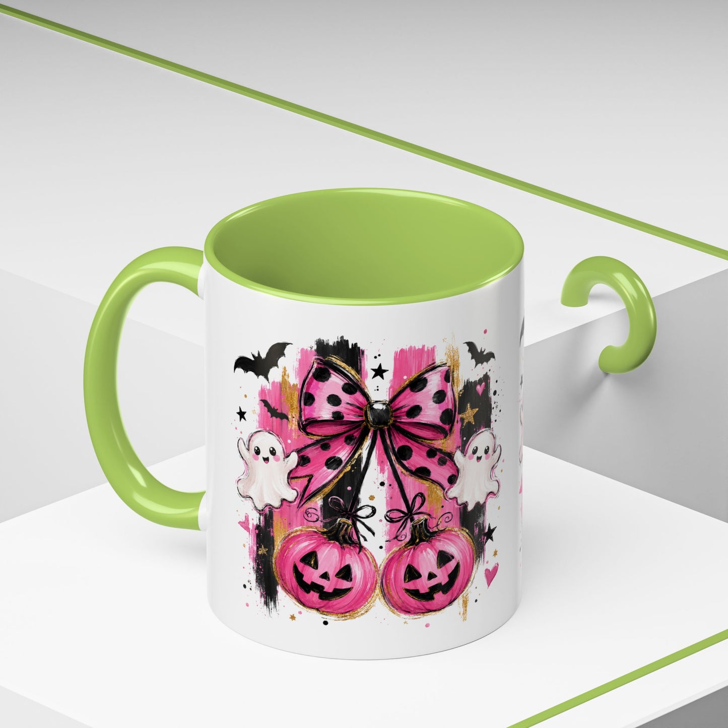 Halloween Pink Pumpkin Coffee Mug — Cute Ghosts & Bow Accent Mug (11/15oz)