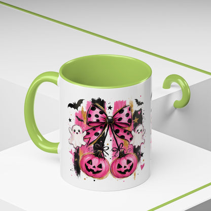 Halloween Pink Pumpkin Coffee Mug — Cute Ghosts & Bow Accent Mug (11/15oz)