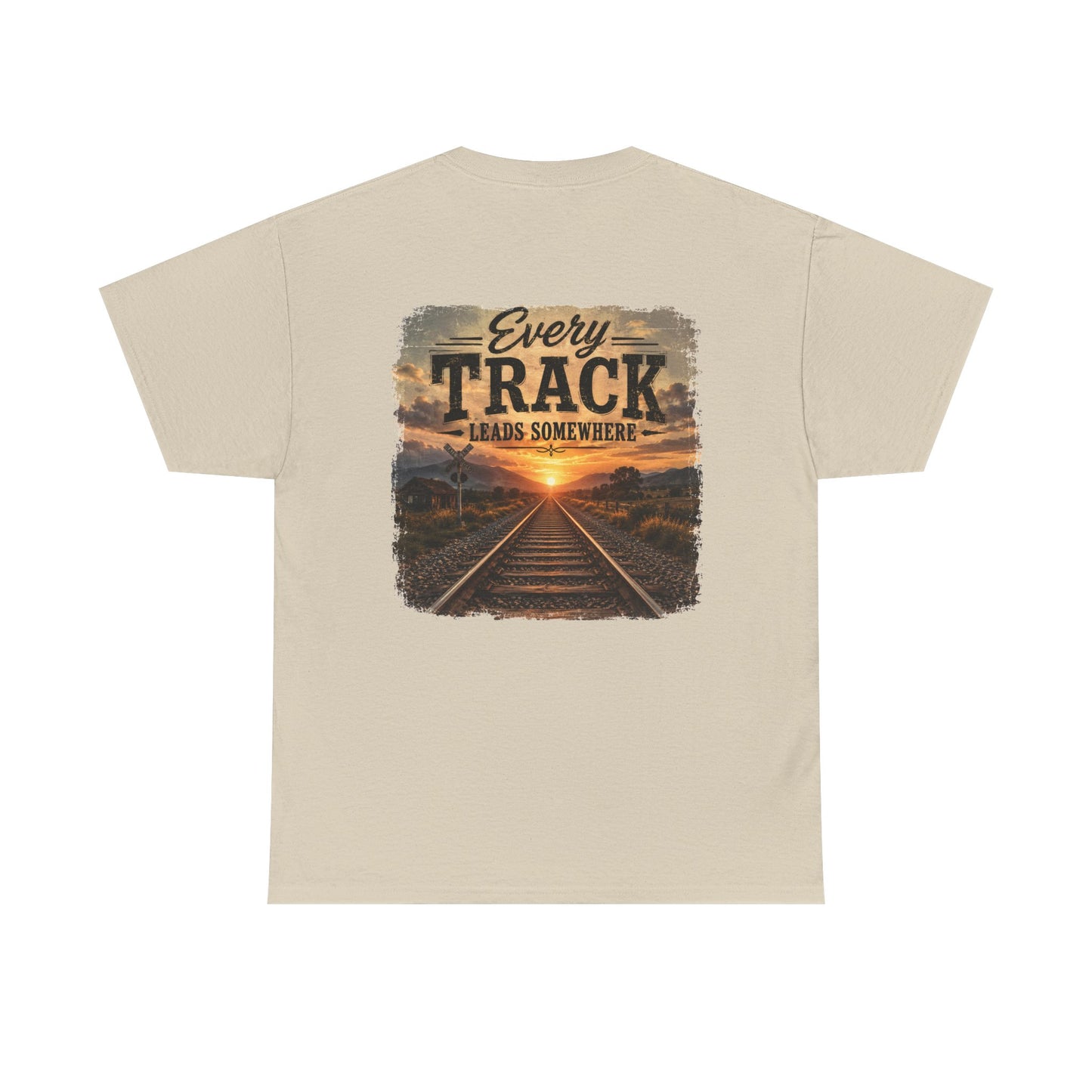 "Every Track Leads Somewhere" Sunset Railroad Graphic Tee