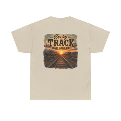 "Every Track Leads Somewhere" Sunset Railroad Graphic Tee