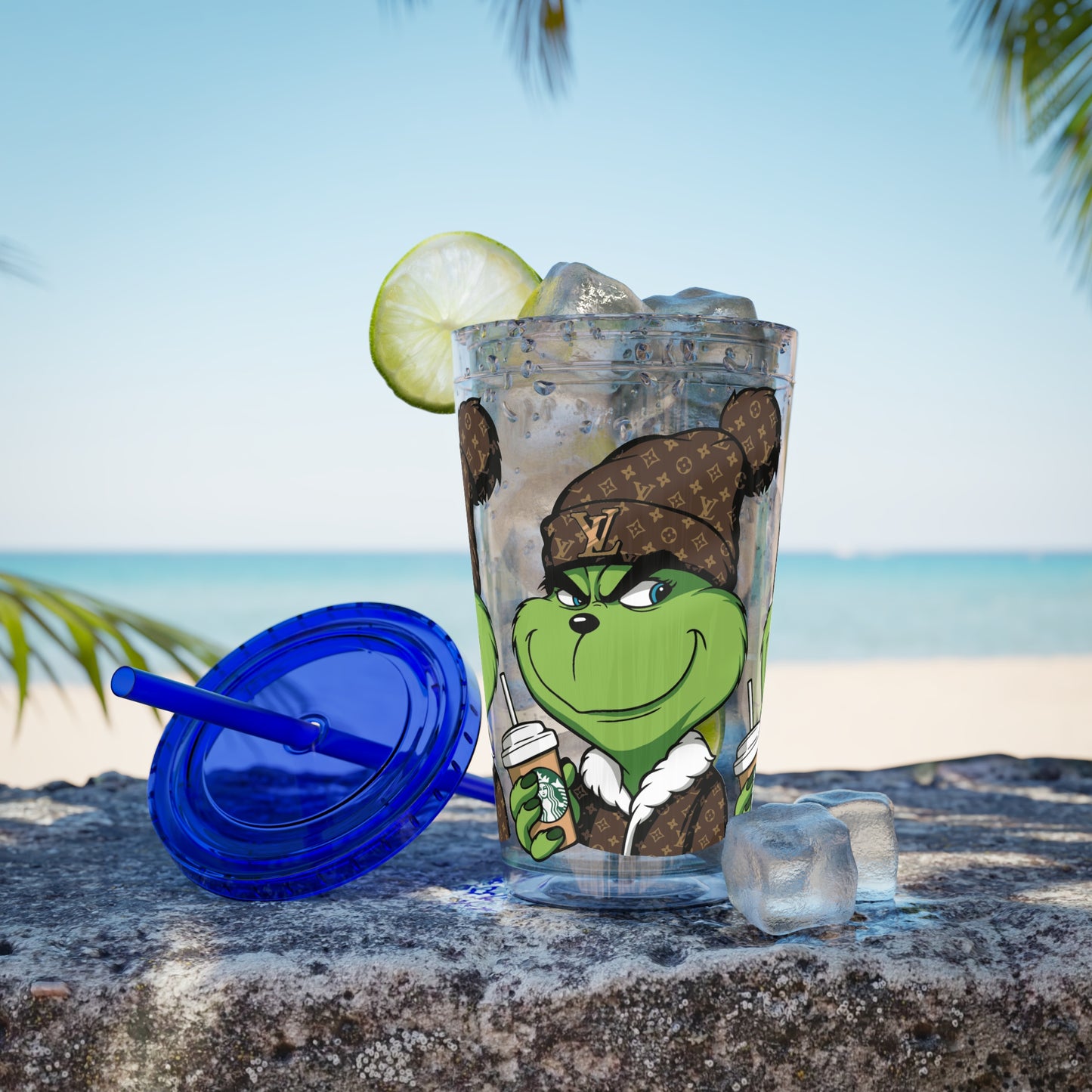 16oz Tumbler — Grinch in Designer Beanie Clear Straw Cup