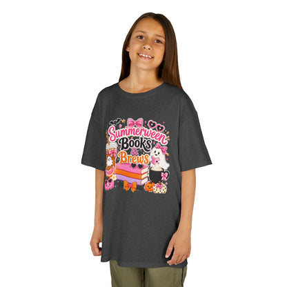 Kids Tee — "Summerween Books & Brew" Cute Halloween Reading Shirt
