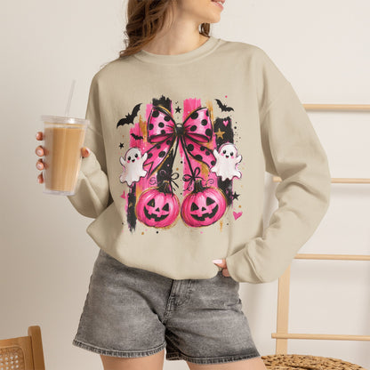 Halloween Pink Pumpkin Crewneck Sweatshirt — Cute Ghosts & Bow Graphic