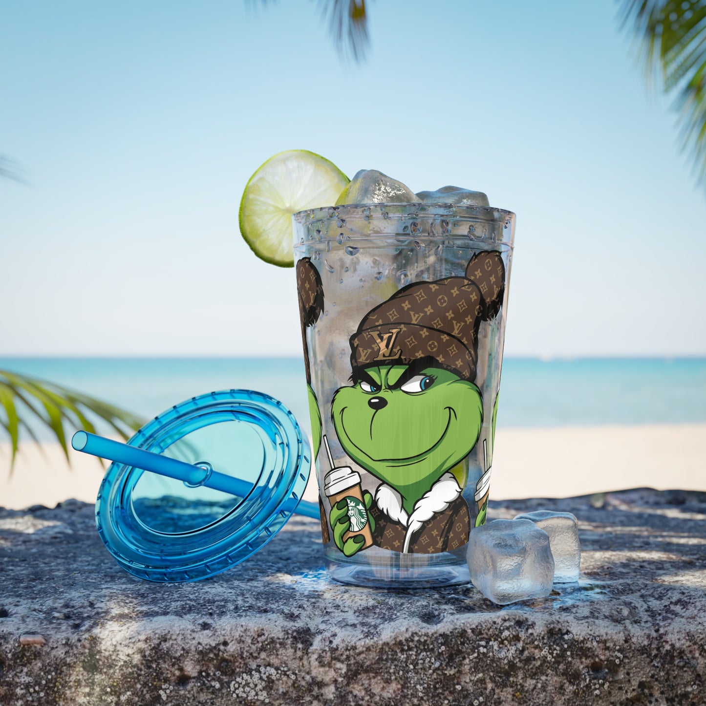 16oz Tumbler — Grinch in Designer Beanie Clear Straw Cup