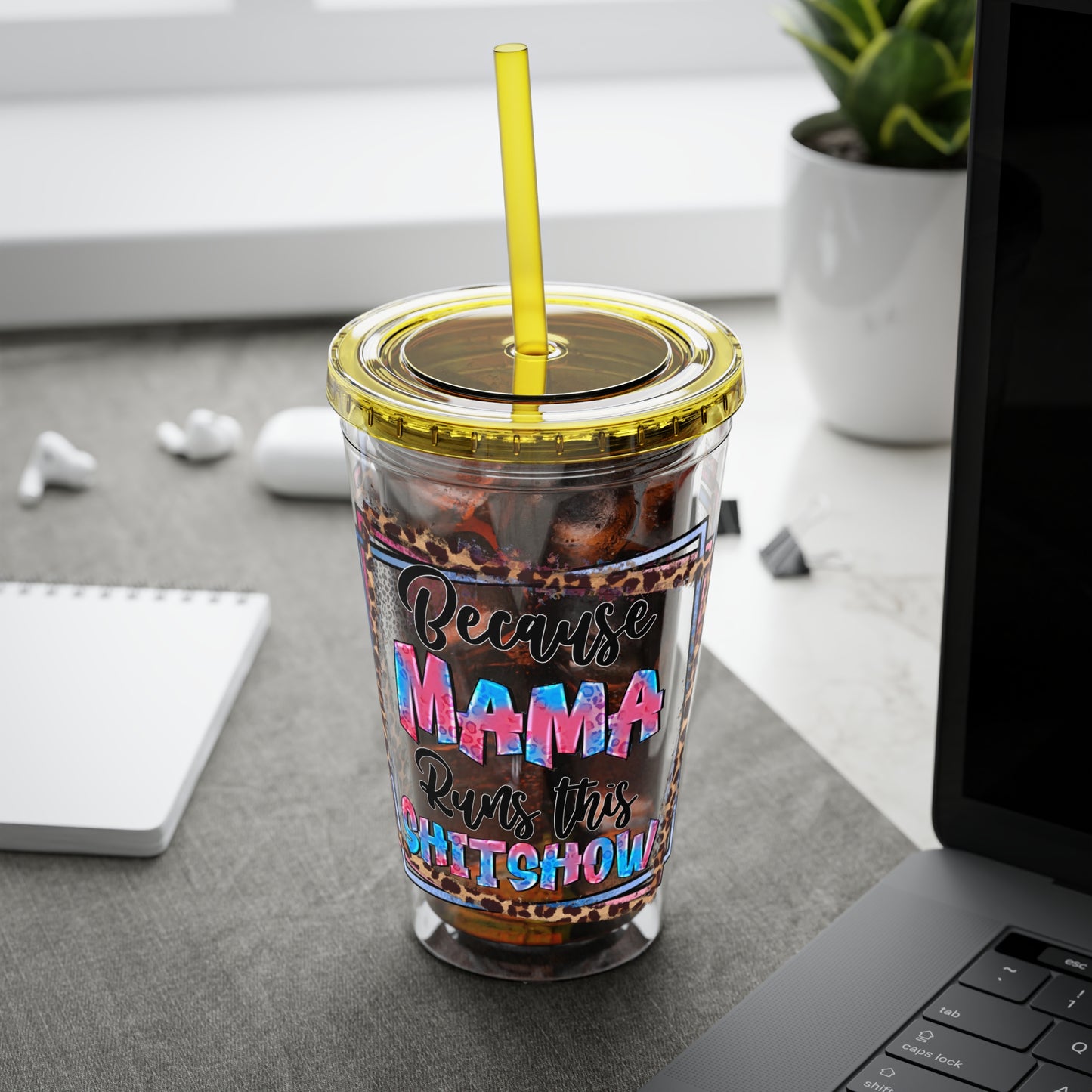 16oz Tumbler — "Because Mama Runs This Sh*tshow" Leopard Print Straw Cup