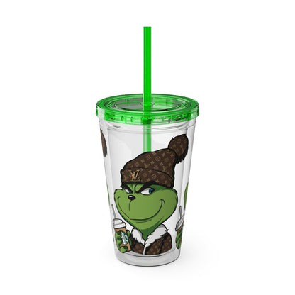 Grinch Streetwear 16oz Tumbler with Straw — Luxury Beanie Design
