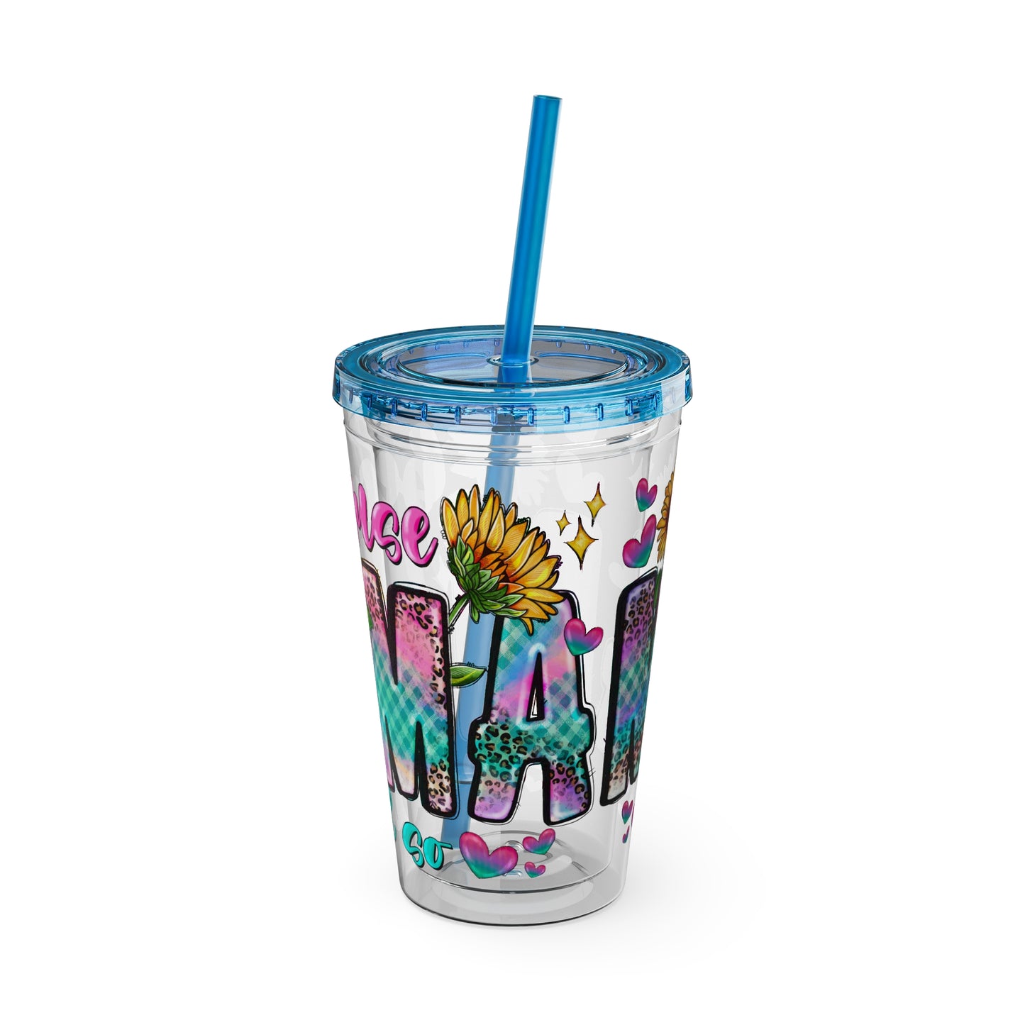 16oz Sunsplash Tumbler with Straw — Floral 'Because I Am' Colorful Sunflower Design