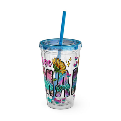16oz Sunsplash Tumbler with Straw — Floral 'Because I Am' Colorful Sunflower Design