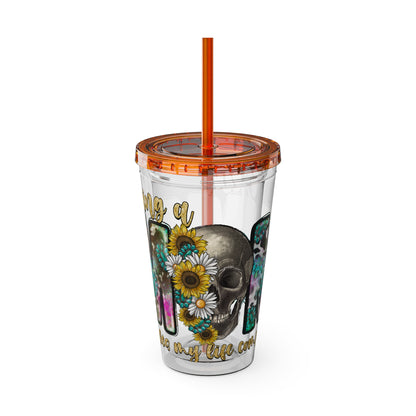 16oz Tumbler with Straw - "Being You" Floral Skull Cold Drink Cup Sunsplash Skull & Sunflower