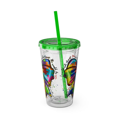 Autism Awareness Rainbow Puzzle Bow Tumbler with Straw, 16oz