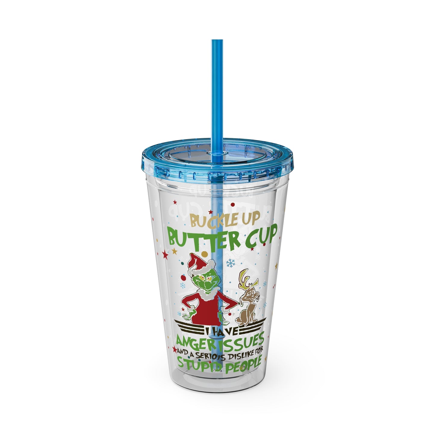 16oz Tumbler with Straw — 'Buckle Up Buttercup' Grinch Holiday Travel Cup
