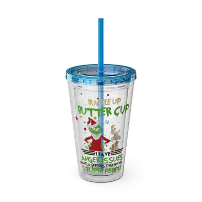 16oz Tumbler with Straw — 'Buckle Up Buttercup' Grinch Holiday Travel Cup