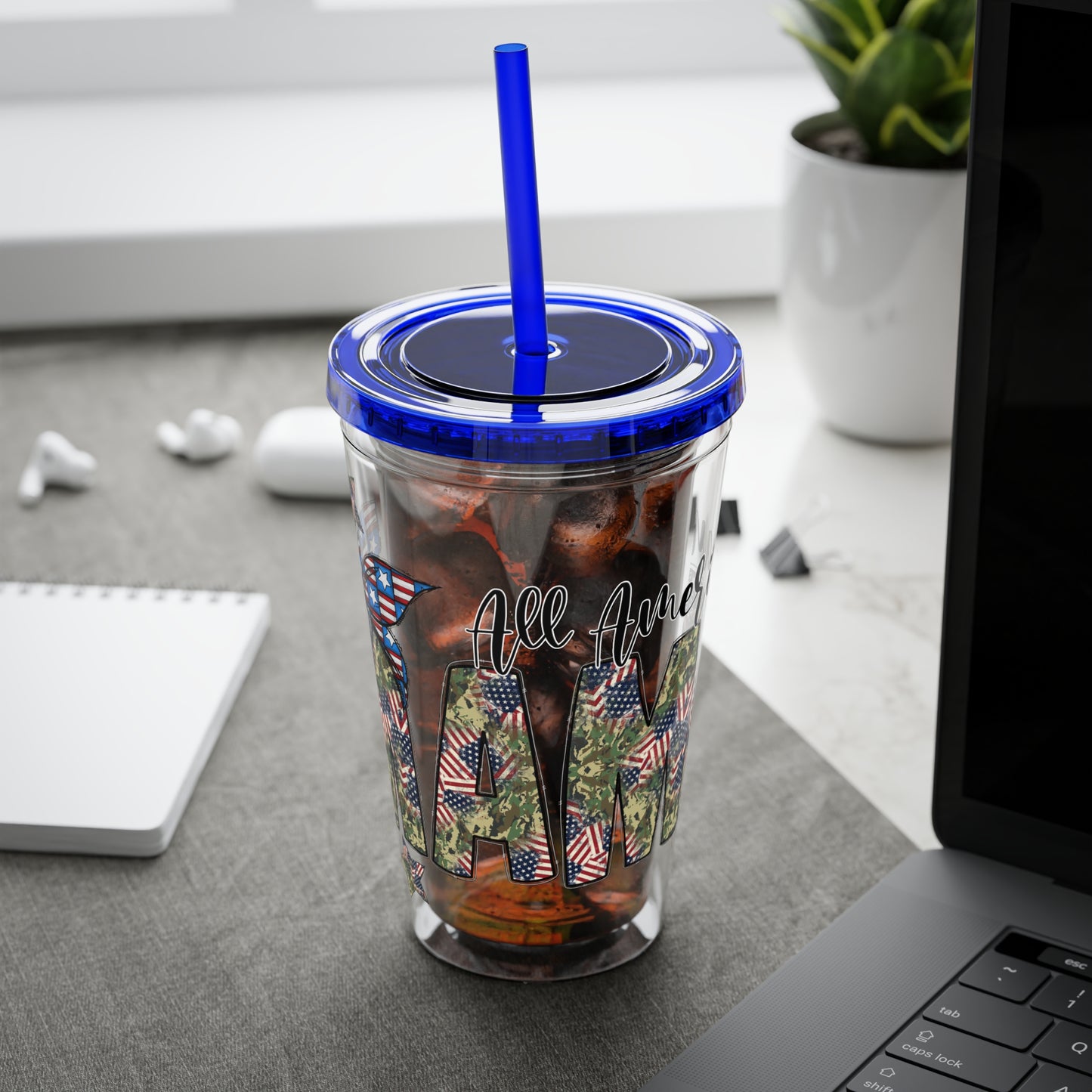 Patriotic Mama 16oz Tumbler with Straw — All American Floral Flag Design