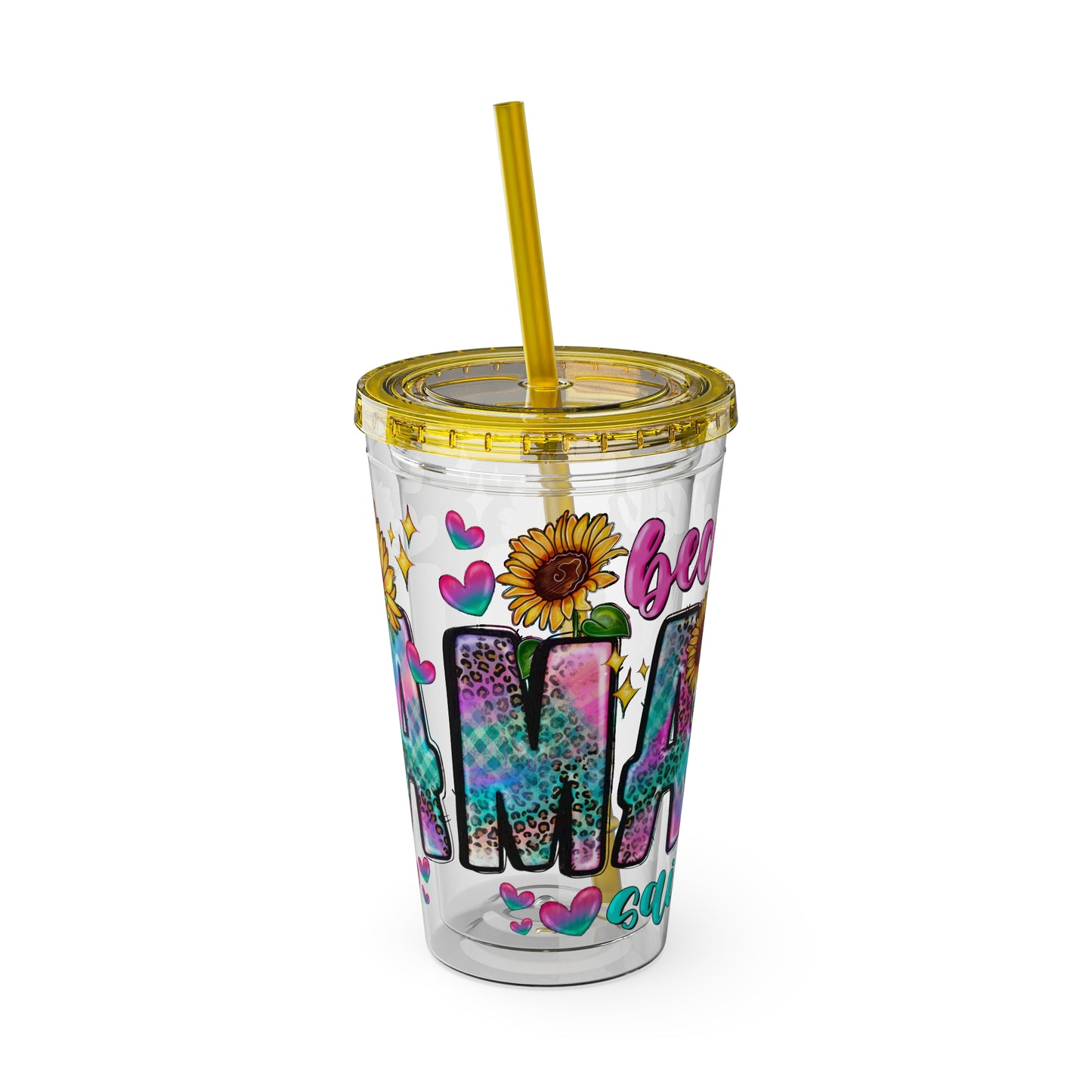 16oz Sunsplash Tumbler with Straw — Floral 'Because I Am' Colorful Sunflower Design
