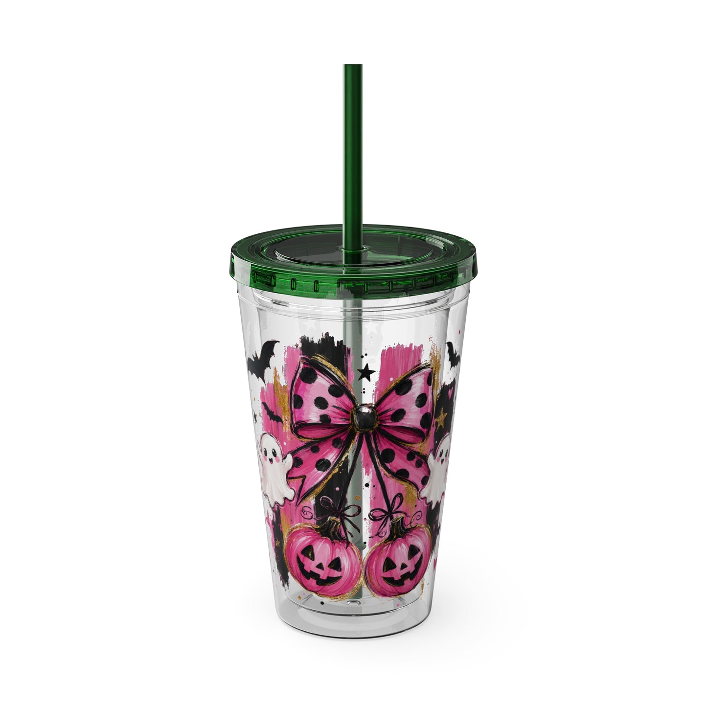 Halloween Pink Ghost Tumbler with Straw — 16oz Cute Pumpkin & Bow Drink Cup