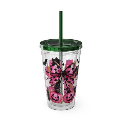 Halloween Pink Ghost Tumbler with Straw — 16oz Cute Pumpkin & Bow Drink Cup