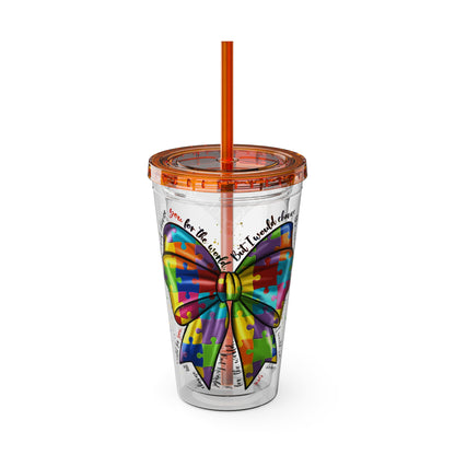 Autism Awareness Rainbow Puzzle Bow Tumbler with Straw, 16oz