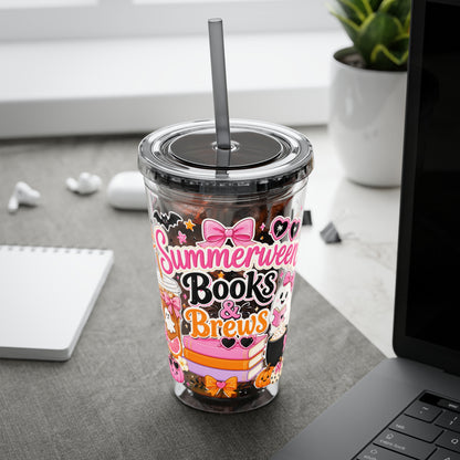 Summerween Books & Brews Tumbler — 16oz Straw Cup for Book Lovers