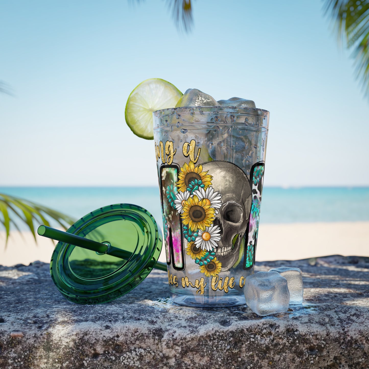 16oz Tumbler with Straw - "Being You" Floral Skull Cold Drink Cup Sunsplash Skull & Sunflower