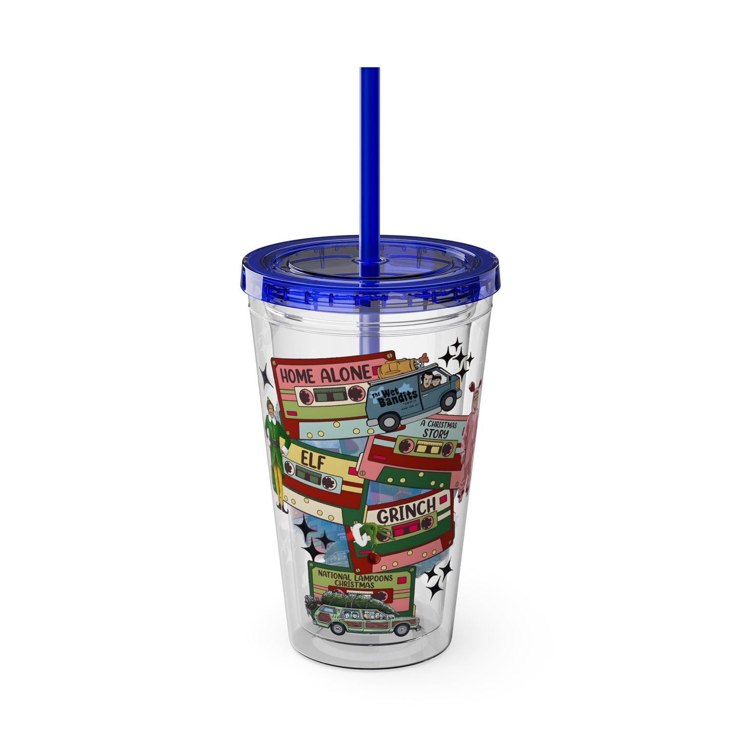 Holiday Movie Vans 16oz Tumbler with Straw – Christmas Classics Design (Home Alone, Elf, Grinch)