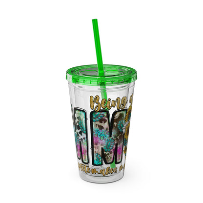 16oz Tumbler with Straw - "Being You" Floral Skull Cold Drink Cup Sunsplash Skull & Sunflower