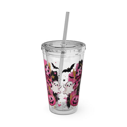 Halloween Pink Ghost Tumbler with Straw — 16oz Cute Pumpkin & Bow Drink Cup