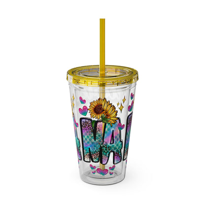 16oz Sunsplash Tumbler with Straw — Floral 'Because I Am' Colorful Sunflower Design