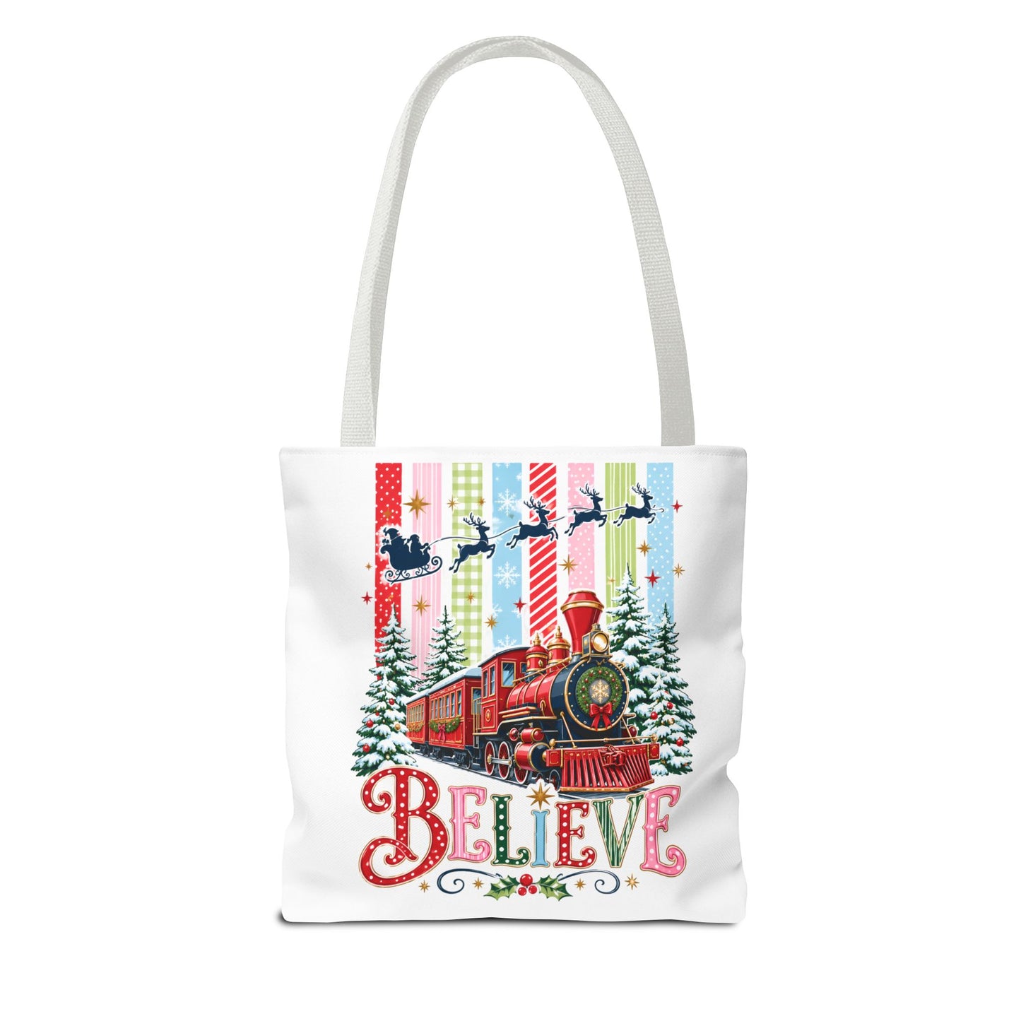 Believe Christmas Tote Bag — Vintage Holiday Train Gift Tote