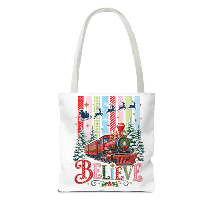 Believe Christmas Tote Bag — Vintage Holiday Train Gift Tote