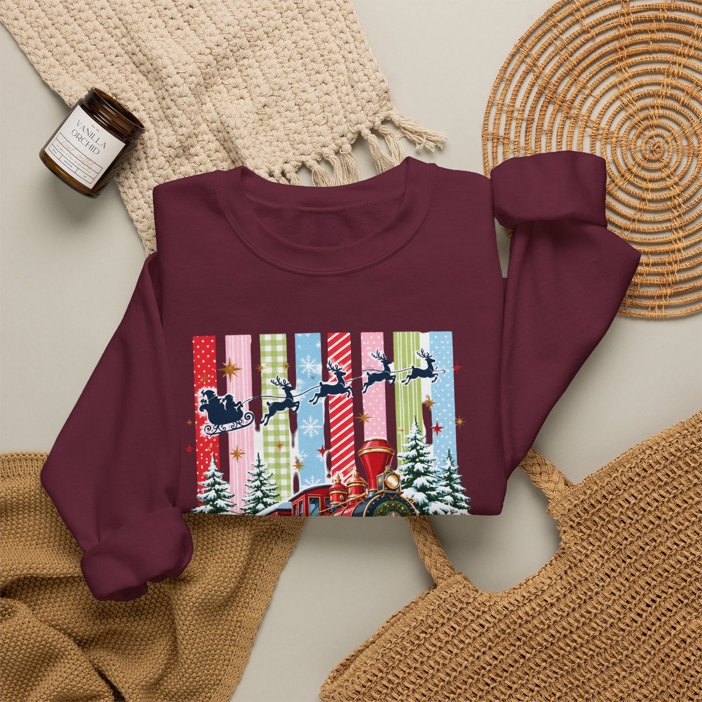 Believe Christmas Crewneck Sweatshirt — Vintage Holiday Train & Santa Silhouette