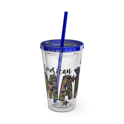 Patriotic Mama 16oz Tumbler with Straw — All American Floral Flag Design