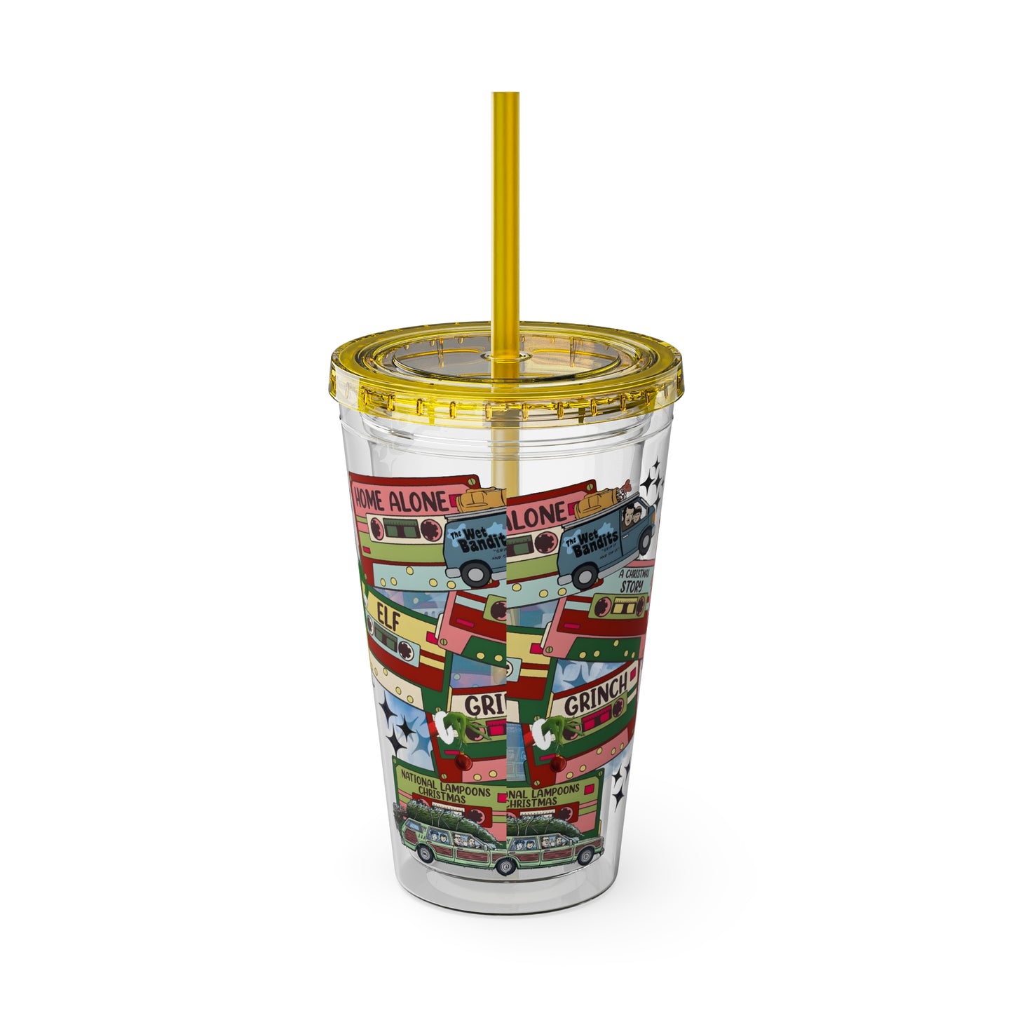 Holiday Movie Vans 16oz Tumbler with Straw – Christmas Classics Design (Home Alone, Elf, Grinch)