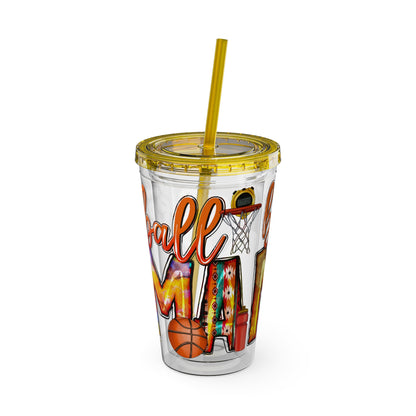 Basketball Mom 16oz Tumbler with Straw — Leopard & Plaid Sunsplash Design