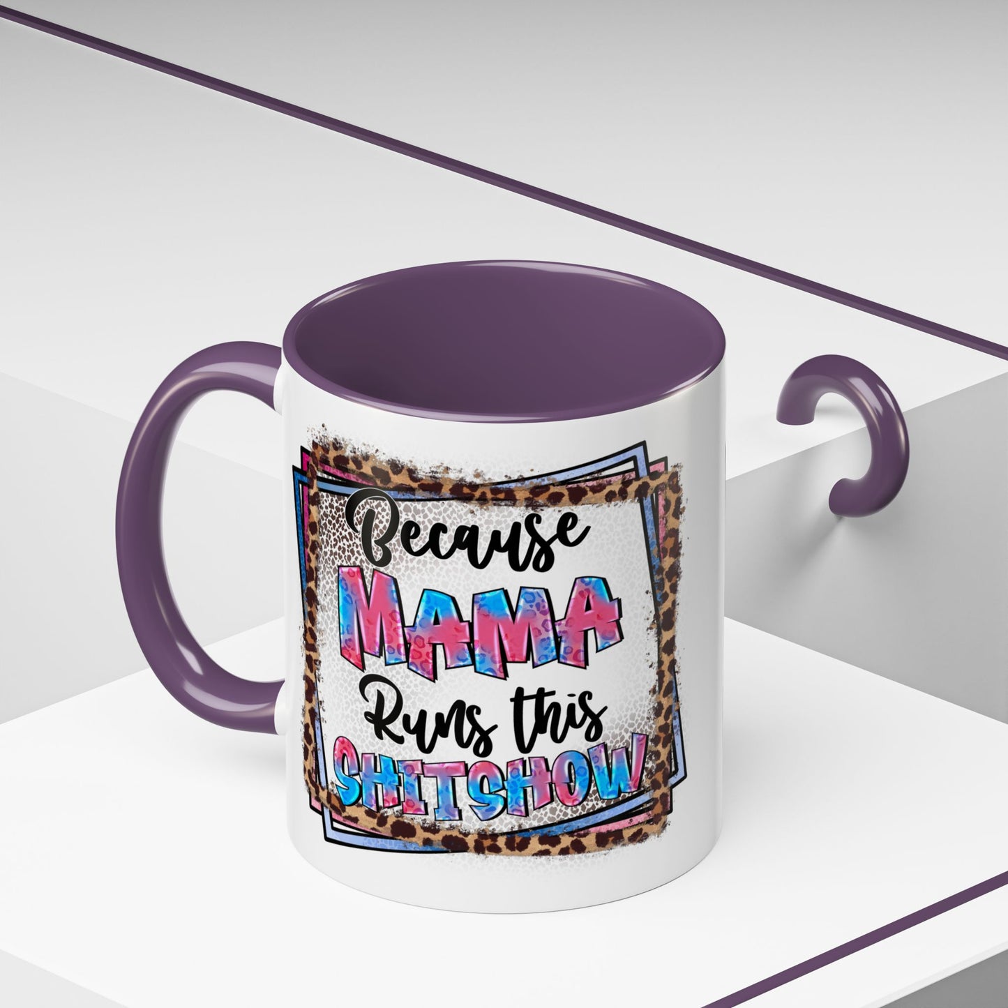 Mama Runs This Shitshow Accent Coffee Mug — Leopard & Watercolor Mom Gift (11/15oz)