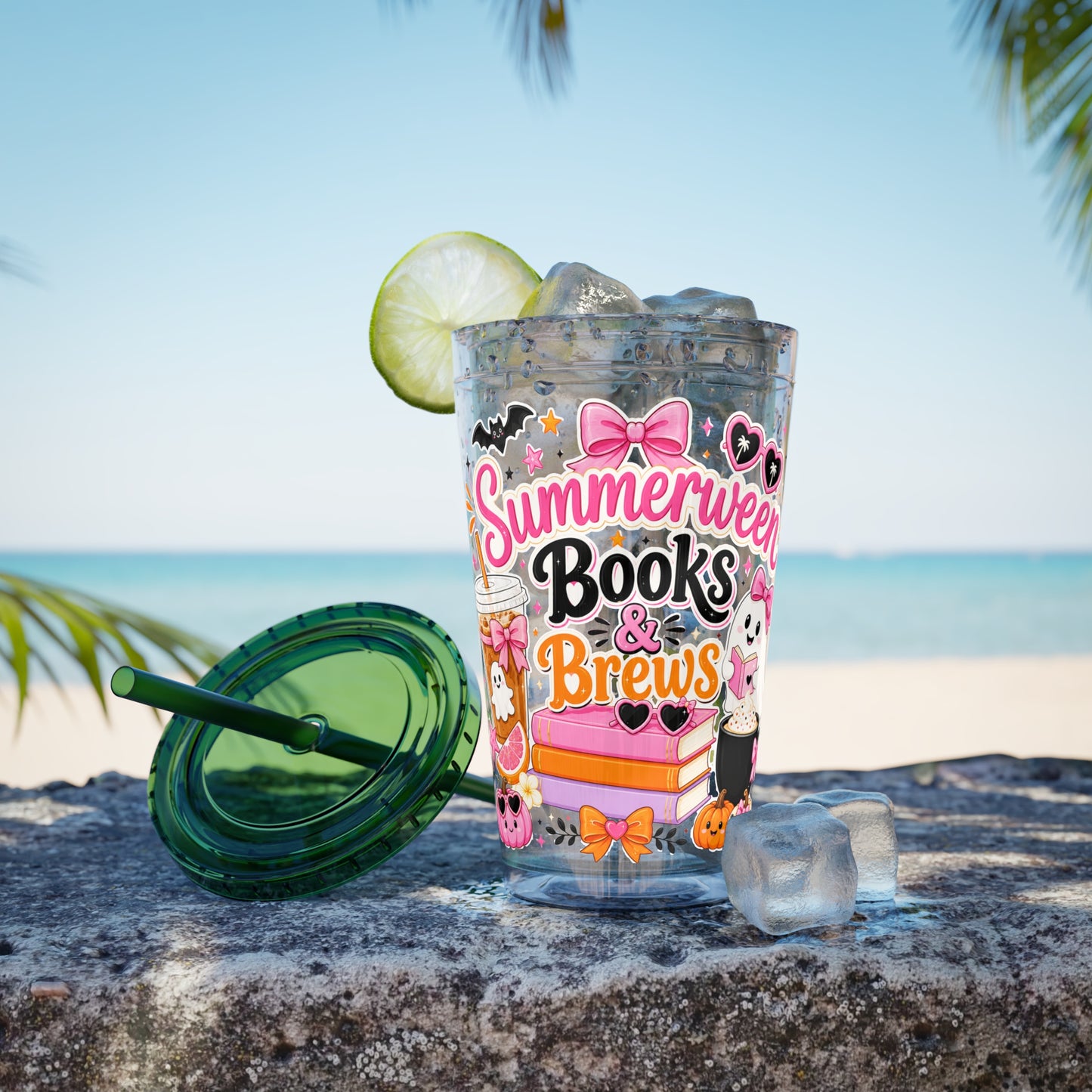 Summerween Books & Brews Tumbler — 16oz Straw Cup for Book Lovers