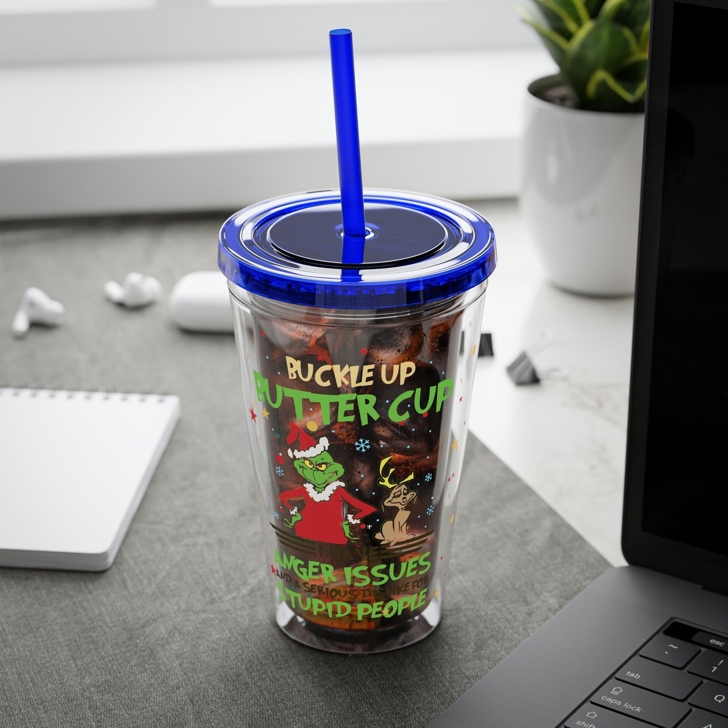 16oz Tumbler with Straw — 'Buckle Up Buttercup' Grinch Holiday Travel Cup