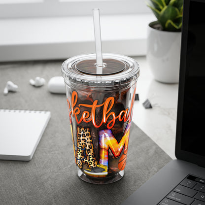 Basketball Mom 16oz Tumbler with Straw — Leopard & Plaid Sunsplash Design