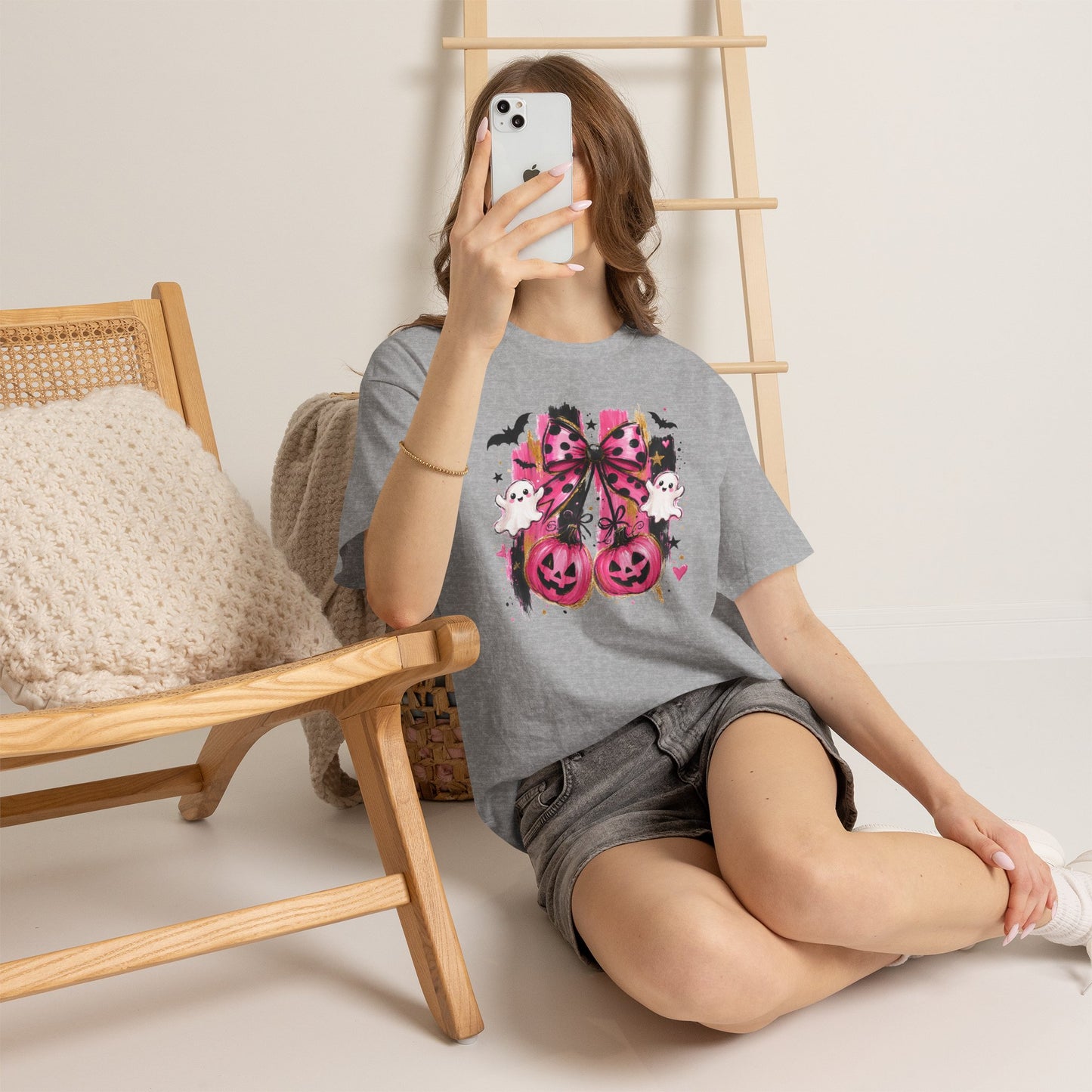 Halloween Pink Pumpkin Tee — Cute Ghosts & Polka Dot Bow Halloween T-Shirt